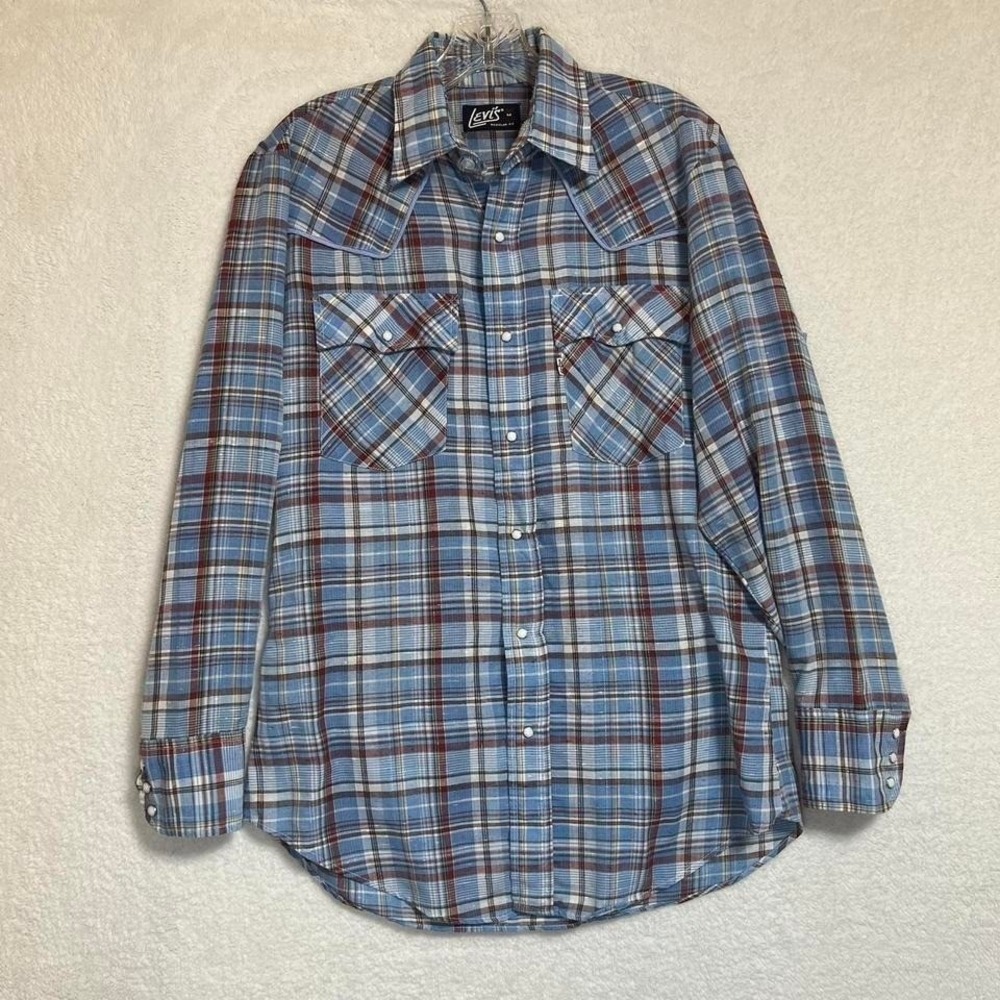 Vintage 80's Levi Blue Plaid Pearl Snap Western Button Up Size Med Regular Fit